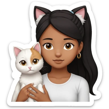 An brown skin Teenager girl with brown eyes, long black hair in a high ponytail, with a white crop top holding her white cat which has folded ears  sticker