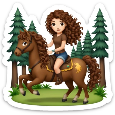 cute woman long curly brown hair tattoos riding forest pony sticker