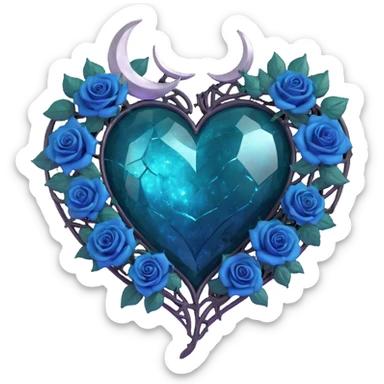 gothic heart made of dark teal glass with silver crescent moon, midnight blue roses, holographic stardust, neon lightning, drenched look, splintered glass texture sticker