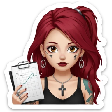 generate an ios genmoji of a fair girl with long dark red messy hair with eyeliner on her eyes.  septum piercing, wearing a cami black top, has tattoos, on shoulders. ear piercings. wearing a cross silver necklace. carrying a tote bag on her shoulders with chart paper peeking out. sticker