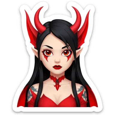 Full red-skin demon girl (entire body red), long black hair, small red horns, pointed ears, single bat wing, black open-back dress, bold tattoo-flash comic linework, red/black/gray, dark background, no text. sticker