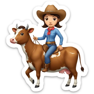 Brunette cowgirl riding a cow sticker