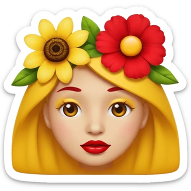 Create an yellow circle face emoji that lips are big, red, shiney and have flower on her head sticker