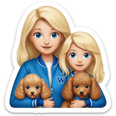 smiling mother in letterman jacket with W and Blue eyes, two Little girls Long blond straight hair and Blue eyes, poodle puppie brown sticker
