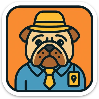 english bulldog tour guide as a web button icon wearing a hat, color outline style sticker