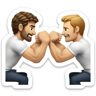 Two men armwrestling sit in front of a table. White men. Brown hair  sticker