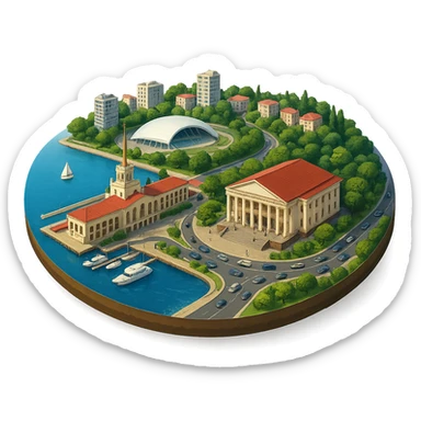 Изометричная, яркая, детализированная и фотореалистичная иллюстрация панорамы города Cочи на круглой подставке в стиле 3D-коллажей городов, ОДНО! здание Морского Порта, ОДИН! Зимний театр, ОДИН! стадион Фишт, море чёткие линии, слегка мультяшная стилистика, прозрачный фон, не обрезать края картинки sticker
