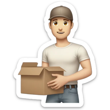 Pale skinned fit Man with dark brown hair in a beige cap, gray jeans, brown polo and white T-shirt keeping a pasted with tape white box into his hands sticker