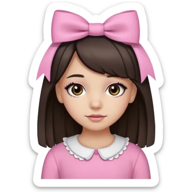 a 13 year old girl with black and brown hair with blond highlights. pink bows and pink outfit with long eyelashes and black eyes sticker