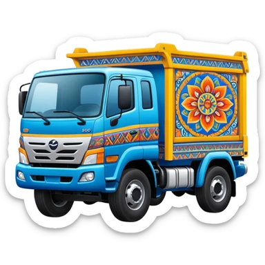 Emoji style illustration of a Hino 500 truck, colorful Peruvian decorative truck art, bright blue body, Andean patterns and vibrant painted details, bold outlines, flat vector style, clean shading, sticker design, centered, white or transparent background, high detail, cartoon style sticker