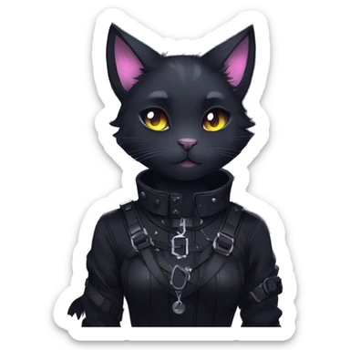 Gorgeous furry gothic dark techwear anime style anthro black cat furry sona with blushing face aesthetic and pretty edgy black with collar and harness trending style sticker
