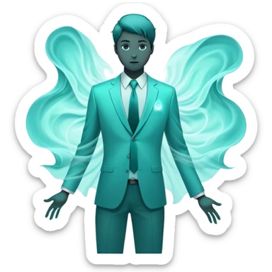 Teal colored ethereal energy forming male silhouette with ghostly floating wardrobe elements like tie, shirt and watch surrounding it, abstract style essence sticker