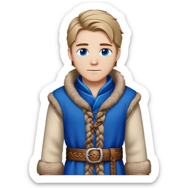 Medieval winter outfit worn by a DnD themed fantasy male character. Double-thick russet wool tunic with mink fur trim, featuring carved wooden toggles and a wide braided leather belt. Clothes only above the waist, full waist coverage. The character has no arms. Character is white-skinned with dark blonde hair, sapphire blue eyes, and medium-length straight hair touched by winter frost. sticker