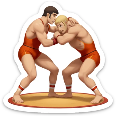 An icon showcasing two wrestlers engaged in a Greco-Roman wrestling match. The athletes are locked in a strong clinch, using their upper bodies to dominate. The background features a wrestling mat and traditional Greco-Roman elements. Transparent background. sticker