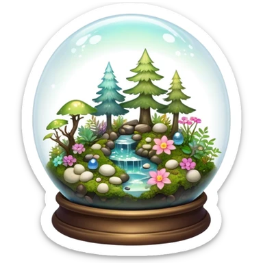 Sparkly shiny iridescent Mystical woodland glass-dome-terrarium-globe with moss inside, with marbles, with pebbles, crystals, with bones inside, and flowers inside  sticker