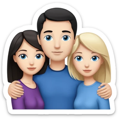 3 people. Throuple. Blank woman with blond hair and blue eye color on left. a blank man with black hair and grey eye color in the middle. And a blank woman with brown hair and grey eye color on the right. Holding each other  sticker
