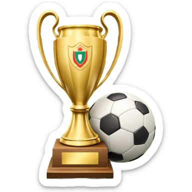 A football resting on the green grass of a soccer field, with goalposts and field markings in the background. In the foreground, the UEFA World Cup trophy gleams, symbolizing the pinnacle of football achievement, adding an element of prestige and competition to the scene. sticker