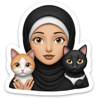 A Arabic woman human with brown eyes and black hijab. , the human is a human, two cats, the both cats is blackwhite,,  NO CAT EARS ON THE HUMAN ,  sticker