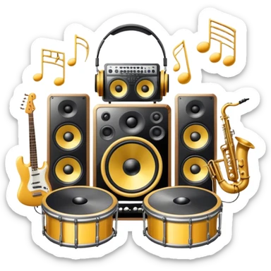 Icon for R&B Music Listening: large concert speakers and headphones with waves of musical notes coming out, along with drums, bass guitar and saxophone. The icon should convey the energetic and rhythmic vibe of R&B music. Transparent background sticker
