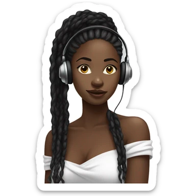 African girl. Black long twists. Wearing white headphones. Listening to music. Wearing an off the shoulder top. sticker