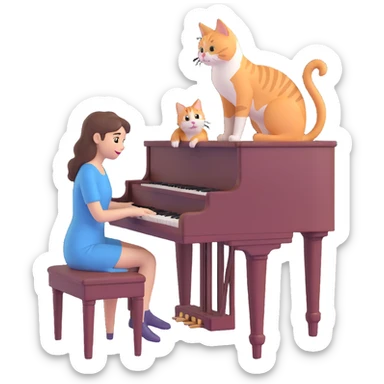woman playing piano while her cat sits on top of the piano sticker