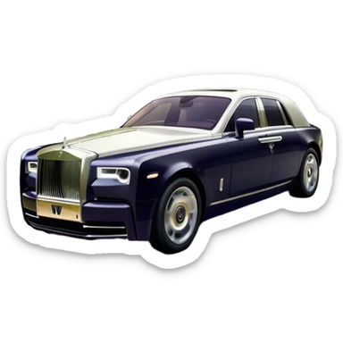 Rolls-Royce Phantom (2022) – cinematic-realistic Rolls-Royce Phantom emoji, its polished silver frame glistening under the sun as it glides down a winding, tree-lined road. The iconic Spirit of Ecstasy hood ornament stands proudly, the V12 engine hums silently  sticker