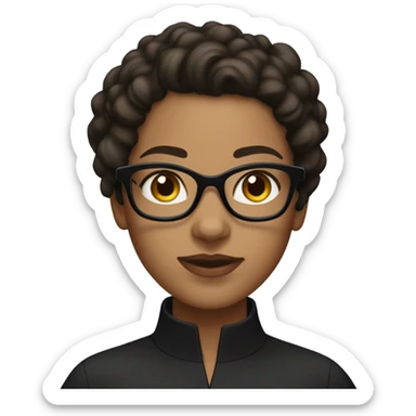 ios emoji style girl with dark brown mid length curly hair slick back brown skin not very dark black eyes with glasses and a mole high neck black shirt  sticker