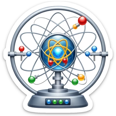 An icon featuring a large particle collider, atom symbols, and energy waves, symbolizing the field of physics. The design includes a lab setup with scientific equipment, representing experiments and fundamental forces of nature. Transparent background highlights the exploration of matter and energy. sticker