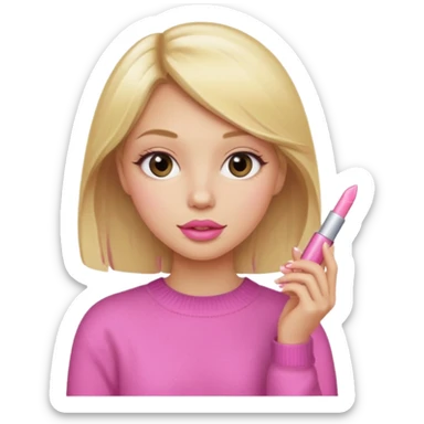 A blonde haired girl with a pink sweater and holding a lip gloss sticker
