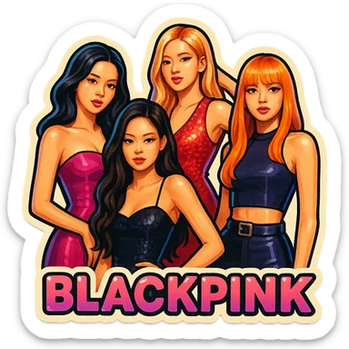 Blackpink, K-pop group, group pose, glamorous and bold, retro stickers style sticker