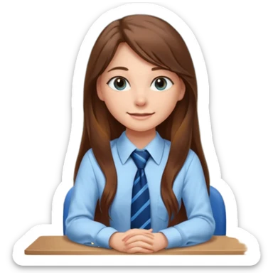 high school class room with a pretty female high school student with long brown hair, blue eyes, wearing a tie, sitting in front of the blackboard sticker