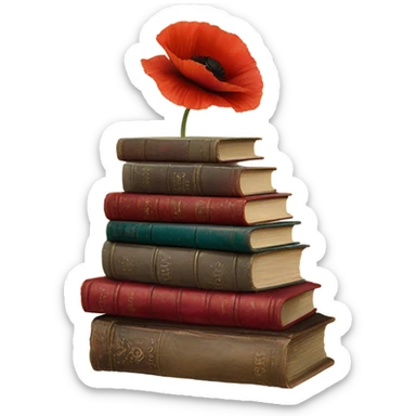 A vintage stack of books with scarlet poppies and a velvet bow sticker