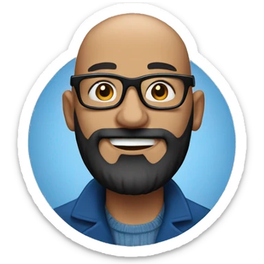 Bald man smiling with glasses and a big, bushy black beard. Wearing a blue coat sticker