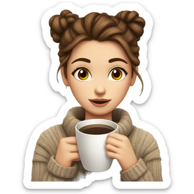 Cute brown haired girl in a cozy sweater hair in a messy bun drinking coffee sticker