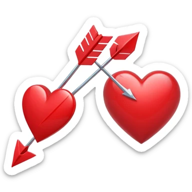 Apple-style 3D illustration of a glossy red heart pierced by a horizontal double-ended arrow. One end of the arrow has a small female symbol, the other end has a small male symbol. The heart is centered, shiny, with soft shadows, floating on a clean white background, minimal and emotional design sticker