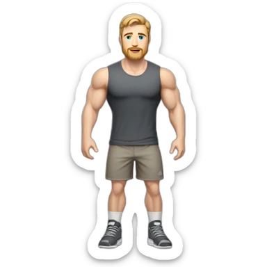 Full height Pale skinned fit man With biceps, Realistic eyes and mouth, light brown hair and stubble In dark gray sleeveless mike, black oversize sports shorts, watch and white sneakers. sticker