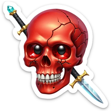 make me a red crystal skull partly see thew super gem like make it realistic and held together by a black bow and a small dagger to the eye with cracks coming from it have the bow be loosely tied around the skull holding it together make the blade super realistic  sticker