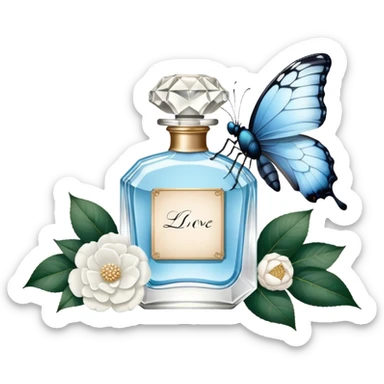 A nostalgic composition of an antique perfume bottle with a crystal stopper, an old love letter, and a single pale blue butterfly resting atop a white camellia.
 sticker