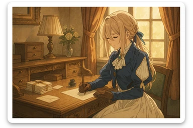 Violet Evergarden, writing a letter at a vintage desk, sunlight streaming in, original anime art style, highly detailed sticker