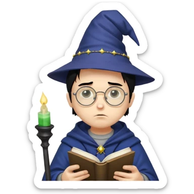 ["A sad boy with light skin, straight hair, wearing a wizard hat and round glasses, dressed in punk fashion, is reading a book while holding a phone."] sticker