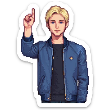 Flat pixel art, confident male leader, Caucasian, short neat blonde hair, sharp eyes, indigo jacket, one arm raised gicing direction, waist-up, front-facing sticker