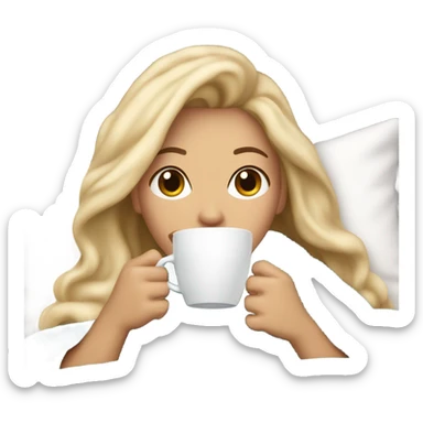 Beautiful woman,Blonde balayage hair, sipping coffee under blanket in bed sticker