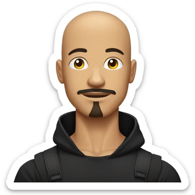 young guy with shaved head, moustache and goatee, with muscles, in a black tshirt sticker