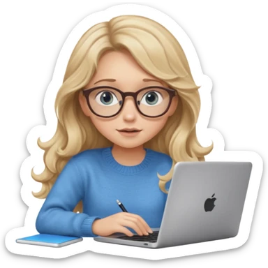 blonde girl with long dark blonde wavy hair, blue big eyes, pantos-style glasses, a brown sweater, sitting and looking in laptop, soft pastel, upper body shot sticker