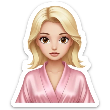 blonde model with brown eyes, luxury makeup, light pink silk robe sticker