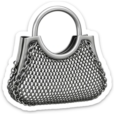 3D render of Mesh Purse, made of interlocking chainmail metal rings, wire mesh texture, visible holes and negative space, metallic silver and grey, high contrast shadows, Apple emoji style, isolated on white background --v 6.0. sticker