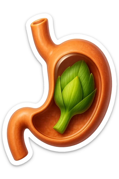emoji stile iphone 3d di uno stomaco umano con una foglia di carciofo dentro, iperrealistico 4k sticker