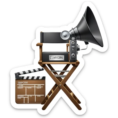 Icon for Directing: a director's chair, a film clapperboard, large movie camera, vintage megaphone and a stage with a spotlight. The icon should represent the creative and organizational aspects of directing, with focus on storytelling, staging, and performance. Transparent background. sticker