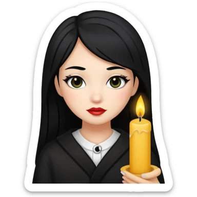 A gurl with black hair make up holding a candle sticker