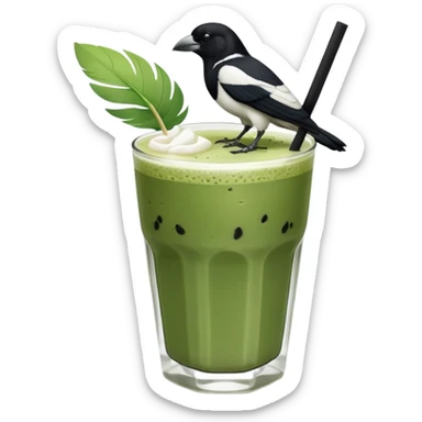  ONE Australien Magpie (just black and white feathers) sitting on an iced matcha latte on the edge of the glass. magpie has green matcha on its beak. matxha latte is in a see through glass and white from the oat milk on the bottom and green without seeds on top… one straw & ice cubes sticker